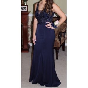 Elizabeth K navy v-neck prom dress